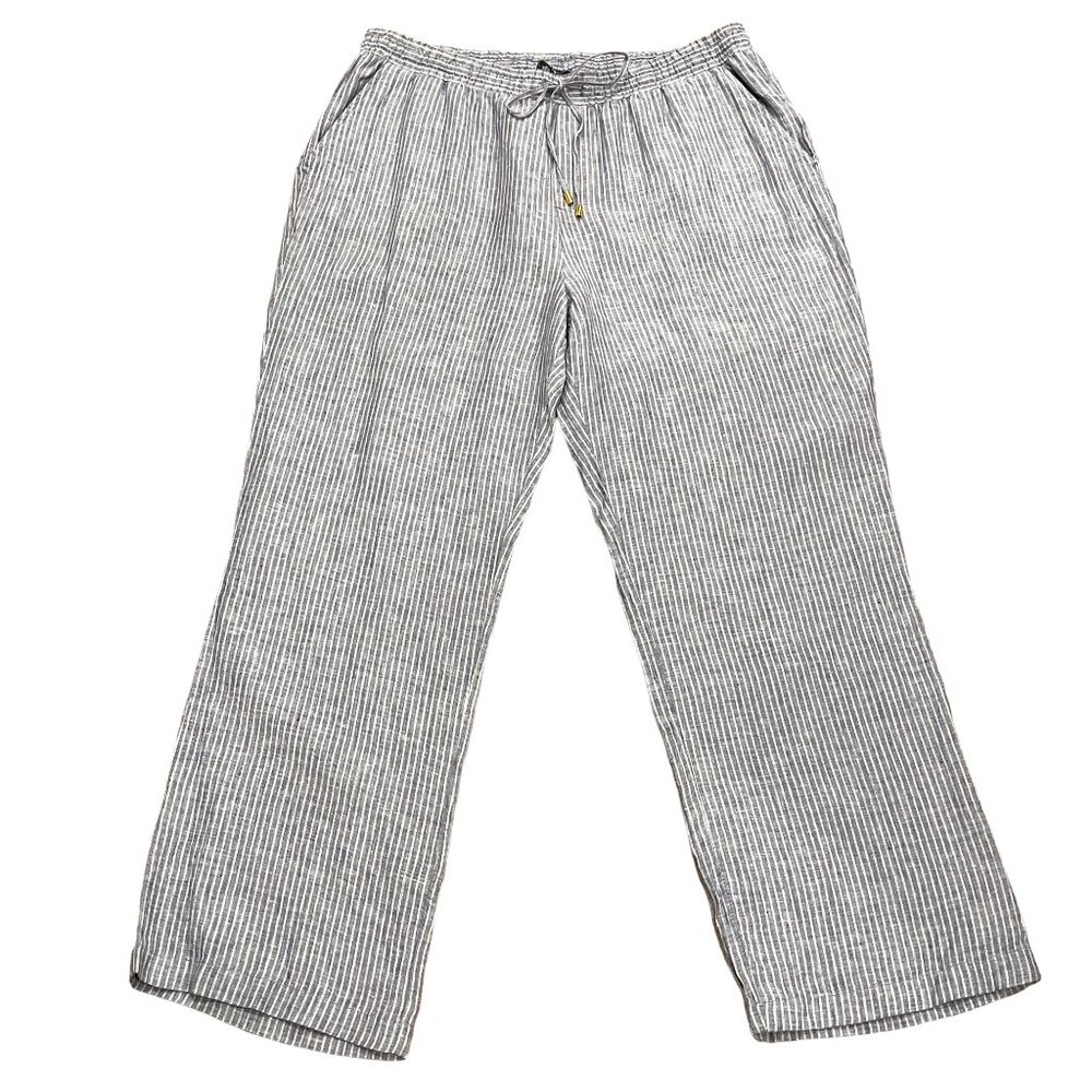 Ellen Tracy Pull On Striped Wide Leg Linen Pants, Pockets, Blue White, XL